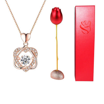 New Heart Shaped Blue Purple Crystal Diamond Pendant Temperament Rose Flower Head Necklace Jewelry Box Gift