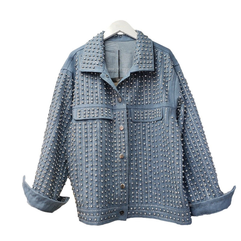 Heavy Work Diamonds Beading Long Sleeve Denim Jacket Women Loose Short Student Cowboy Outerwear Vintage Blue Jeans Jacket Female