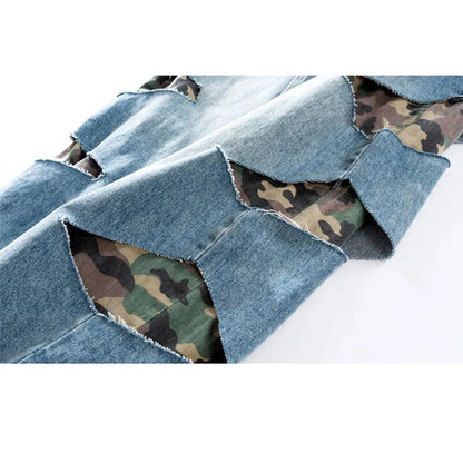 Camouflage Hole Fake Two Pieces Jeans Mens Straight Loose Wide-leg Denim Pants Street Hip Hop Cowboy Pants for Men