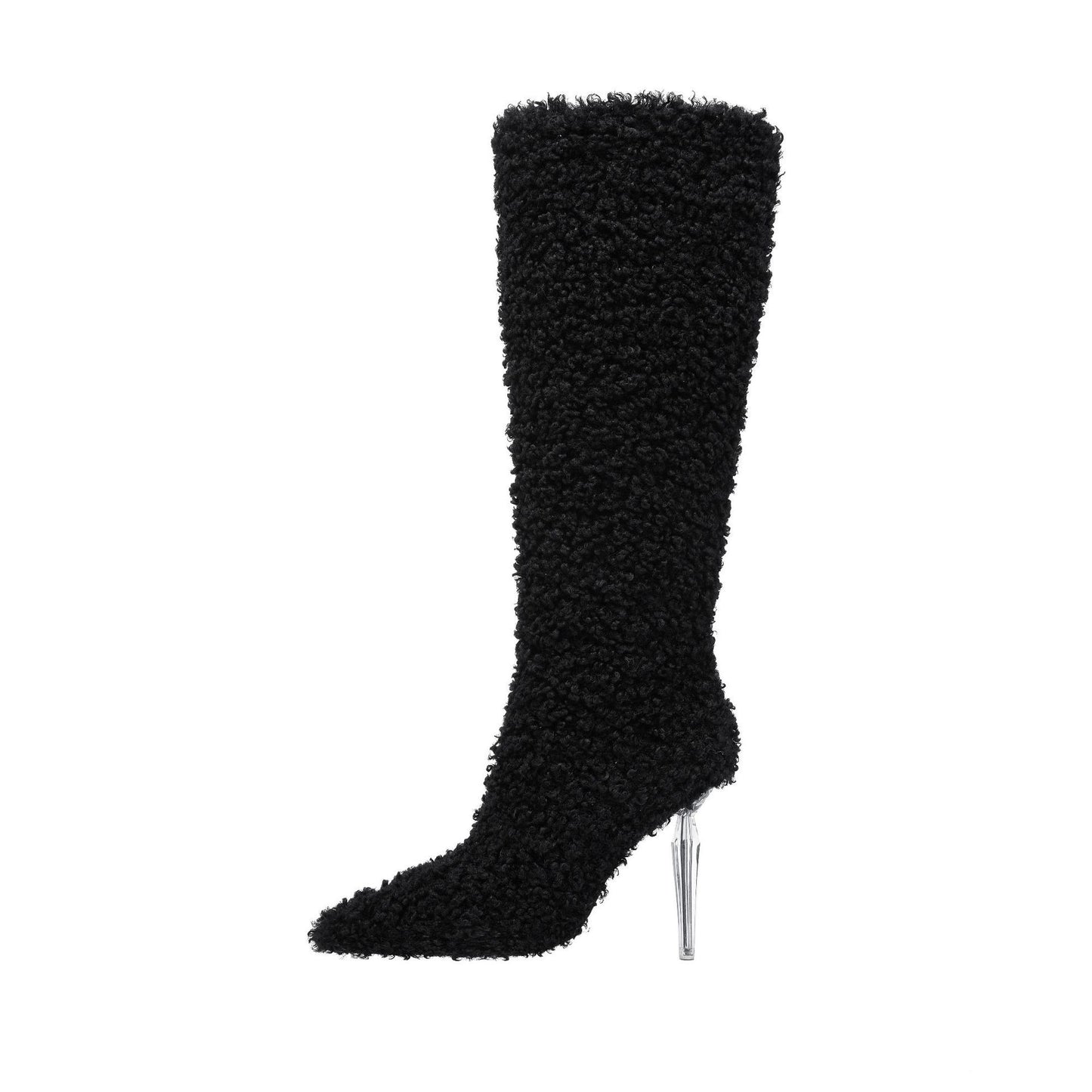 Fashion Women Imitation Wool Knee High Boots for Women's Pointed Toe Crystal Transparency Heels Shoes Sexy Lady Wedding Boots