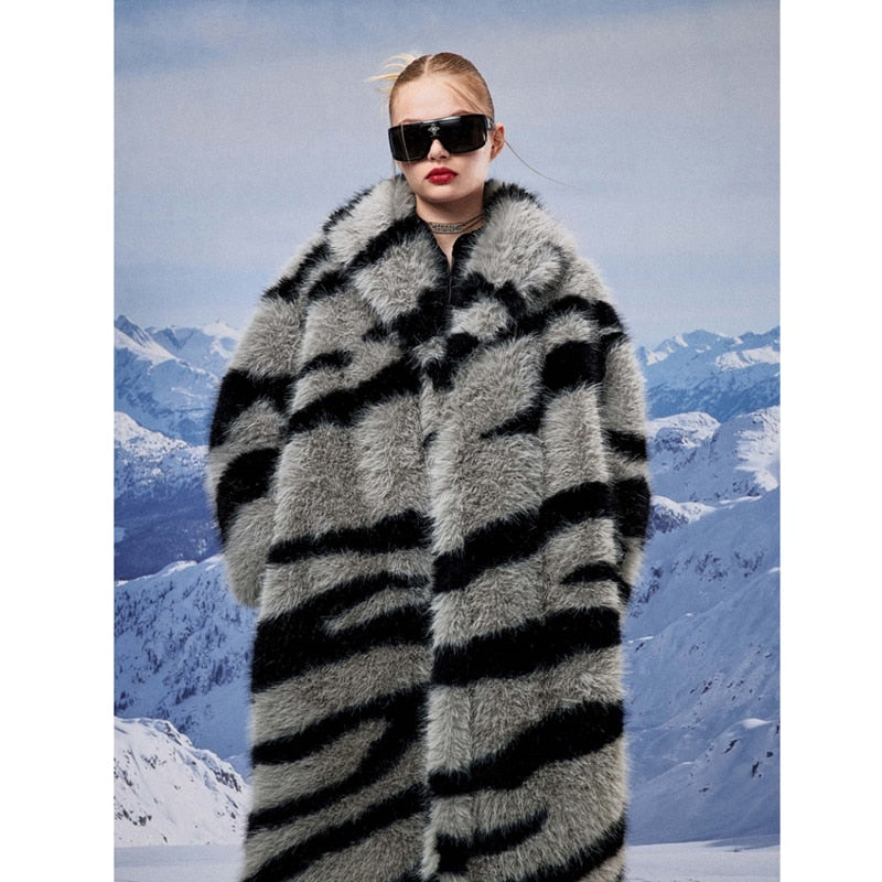 Women's fur coat new fashion zebra print imitation fox fur coat long winter leisure and warm