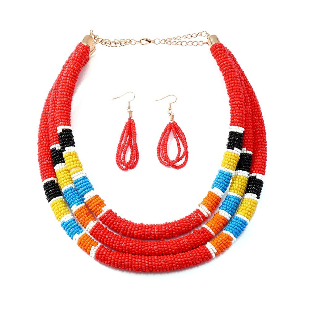 Creative new colorful rice bead necklace multi-layer choker earring set