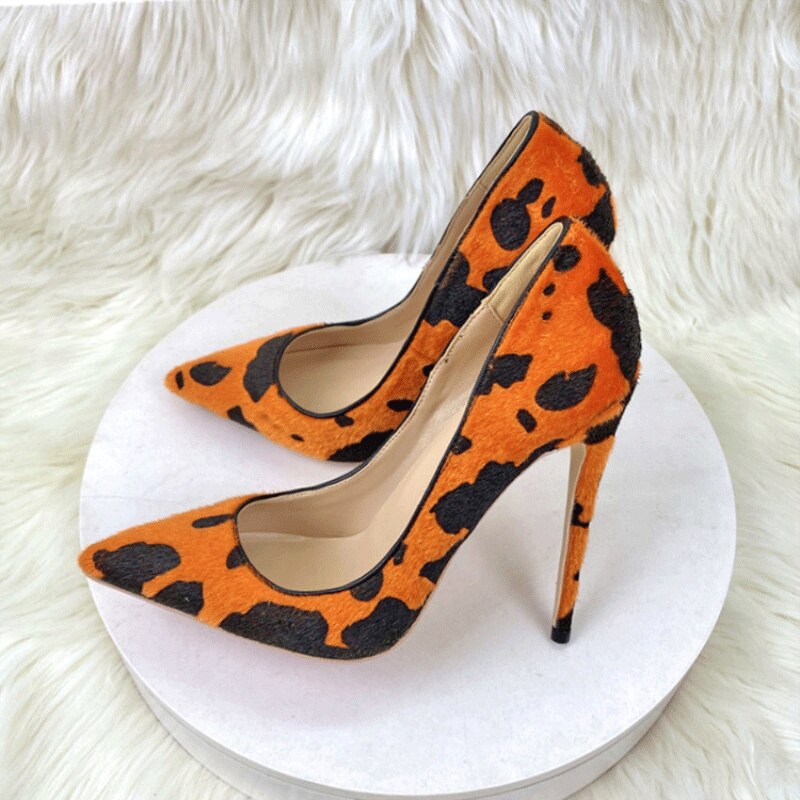 Tikicup Orange Cow Print Hairy Flock Women Pointy Toe High Heel Shoes 8cm 10cm 12cm Slip On Sexy Stiletto Pumps for Party Dress