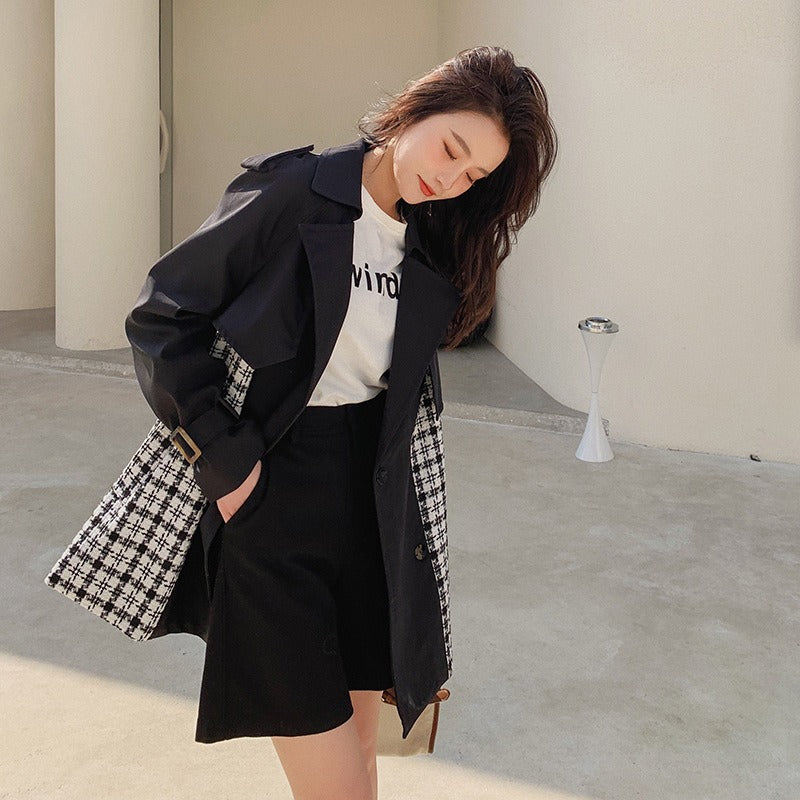 Plaid Trench For Women Notched Collar Long Sleeves Patchwork Belt Temperament Windbreaker Female