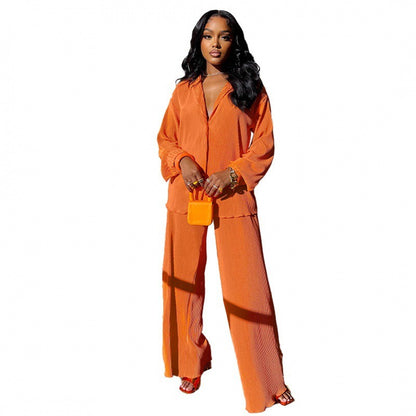 Women's Sets Long Sleeve Shirt Tops Wide Leg Pants Elegant Tracksuit Two Piece Set
