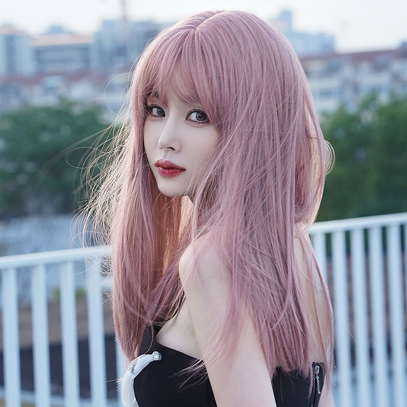 Wig Female Long Hair Full Head Set Type Net Red Long Straight Hair Air Bangs Pink Wig Set Fashion Wig
