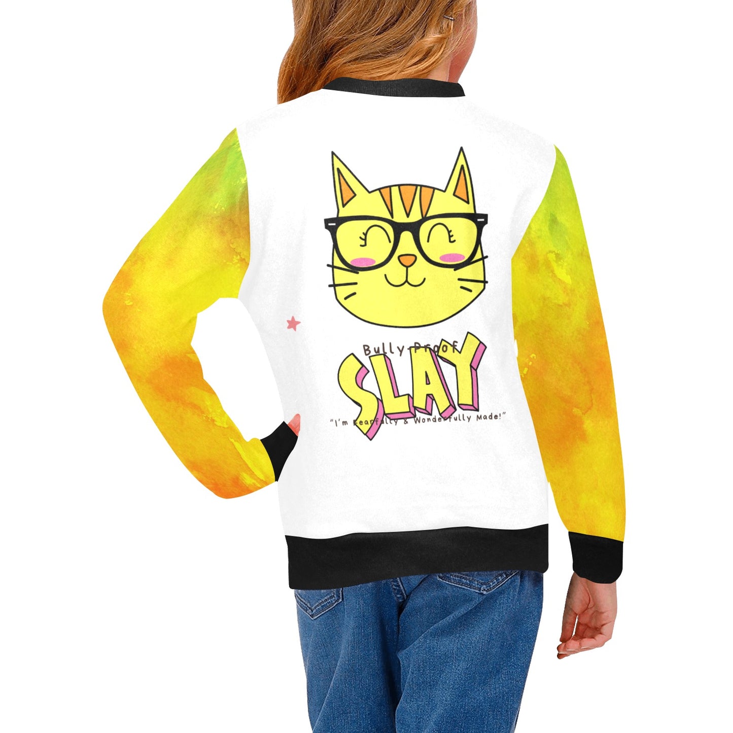 Bully-Proof Da Nerd Kat Slay Girls' All Over Print Crew Neck Sweater(H49)