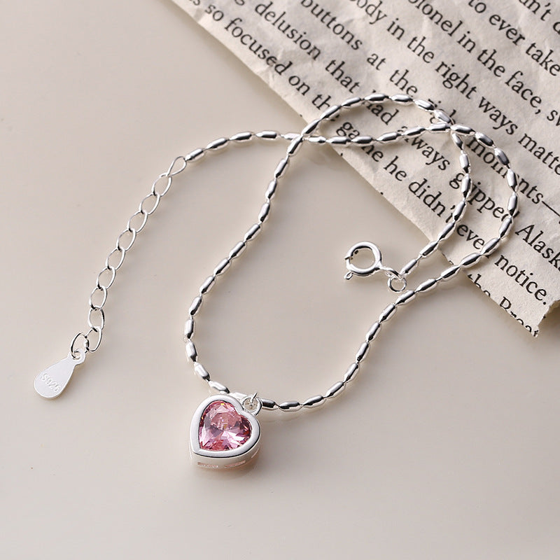 925 Whole Body Sterling Silver Love Pink Rice Grain Anklet Female Korean Version Simple Peach Heart-Shaped Student Girlfriend Accessories