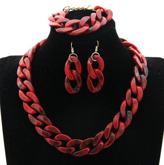 Stone Color Chain Necklace Acrylic Chain Buckle Earrings Bracelet Necklace Set