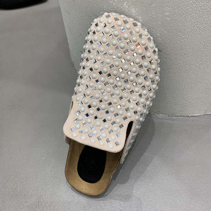 Mules Slippers Women New In 2023 Fashion Casual Summer Slides Rhinestones Female Shoes Ladies Outside Round Toe Flats