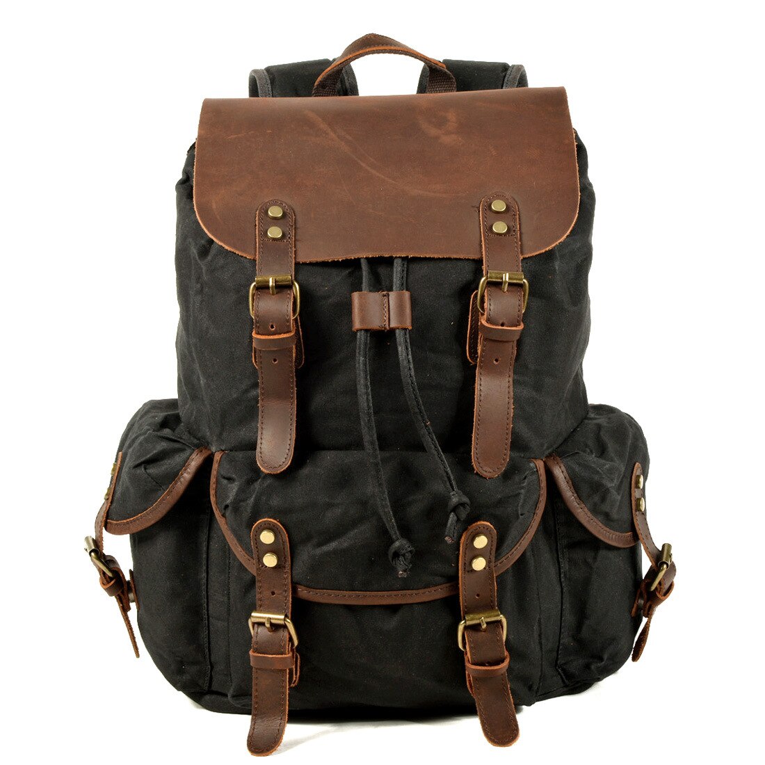 Men's Oil Wax Canvas Bag Computer Bag School Bag Student Backpack Retro Backpack Drawstring Travel Backpack Male Outdoor Male
