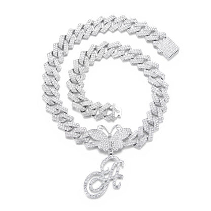 18inch  Cuban Chain Butterfly Letter Full Diamond Pendant Cuban Chain Personalized Exaggerated Thick Chain Hiphop Jewelry