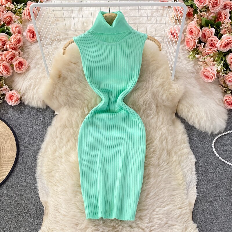 Turtleneck Knit Dress Women Fashion Autumn Solid Sleeveless Bodycon Mini Dress Fashion Streetwear Sexy Party Tight Dress