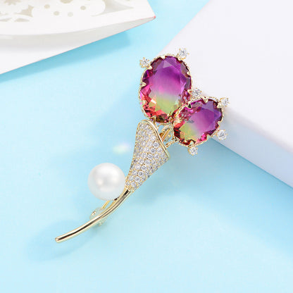 Temperament Fashion Tourmaline Brooch Light Luxury Exquisite Pearl Zircon Flower Corsage Dress Pin