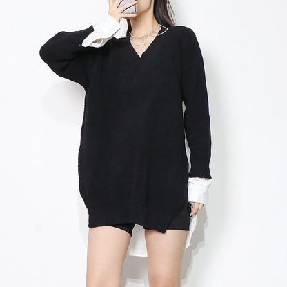 Patchwork Colorblock Sweater For Women V Neck Long Sleeve Loose Straight Knitting Pullover Female Fashion Clothing