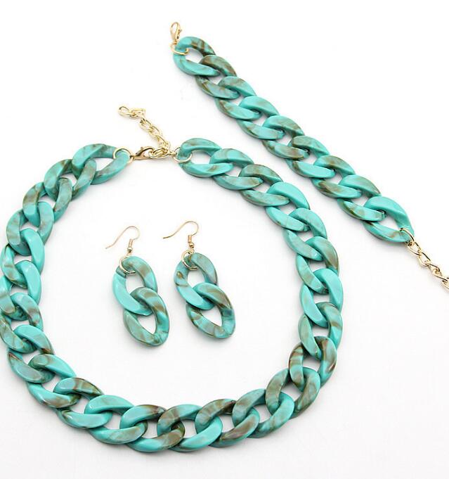 Stone Color Chain Necklace Acrylic Chain Buckle Earrings Bracelet Necklace Set