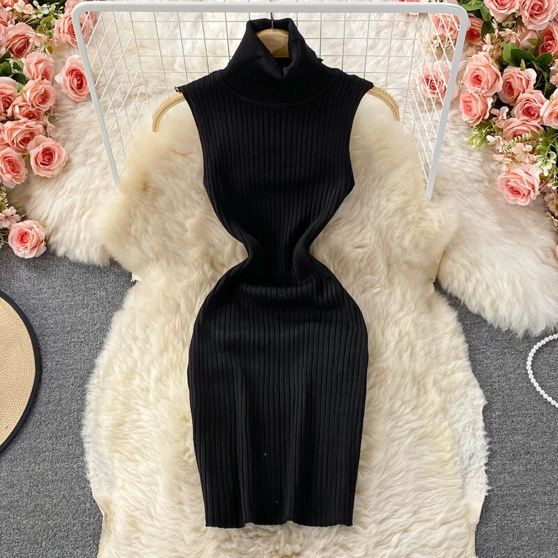 Turtleneck Knit Dress Women Fashion Autumn Solid Sleeveless Bodycon Mini Dress Fashion Streetwear Sexy Party Tight Dress