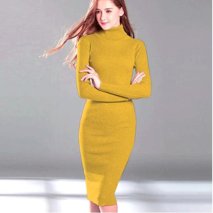 New Autumn Winter Women Knitted Dress Turtleneck Sweater Dresses Lady Slim Bodycon Long Sleeve Bottoming Dress