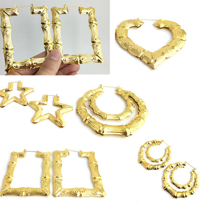 Oversized Bamboo Earrings Exaggerated Golden Circle Hip Hop Nightclub Earrings