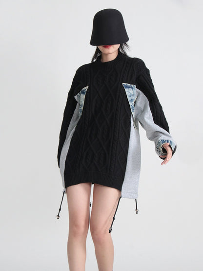 Sweater Denim Stitched Irregular Knitted Sweater Pullovers Loose Long Autumn Winter Tops