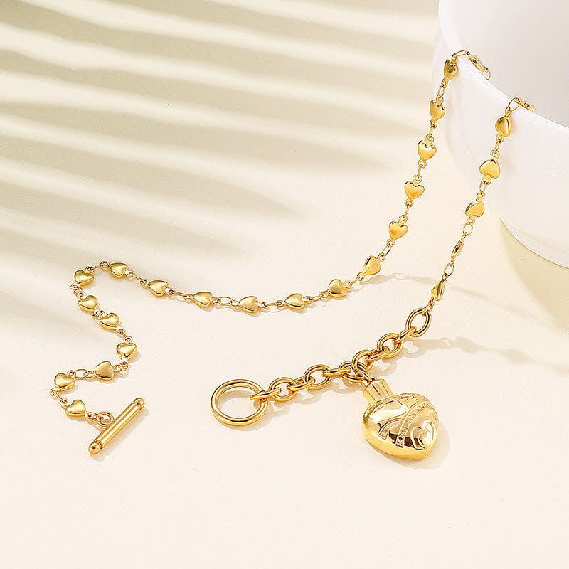 Temperament Fashion Ladies Stainless Steel Heart T-Button Bracelet Necklace Set