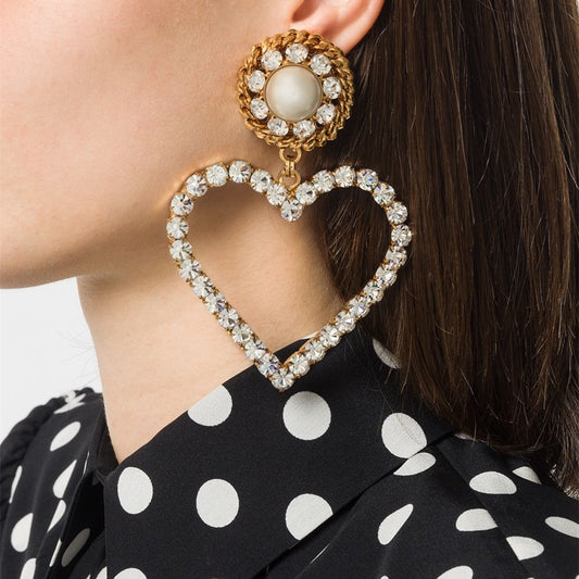 Exaggerated Catwalk Metal Heart Studded Peach Heart Earrings Rhinestone Pearl Heart Earrings