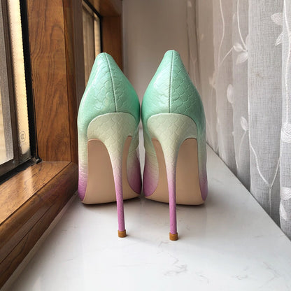 Tikicup Gradient Mint Pink Women Crocodile Effect Pointy Toe High Heel Shoes Sexy Ladies Slip On Stiletto Pumps Size 33 43 44 45