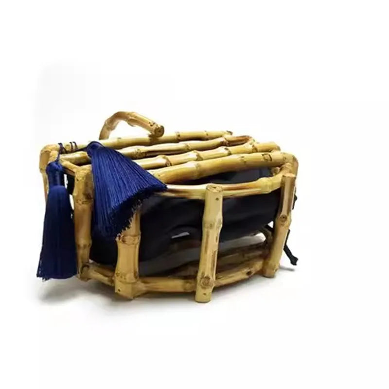 Handmade tassel bamboo knot bag water bucket bag semi-circular bamboo basket handbag for women