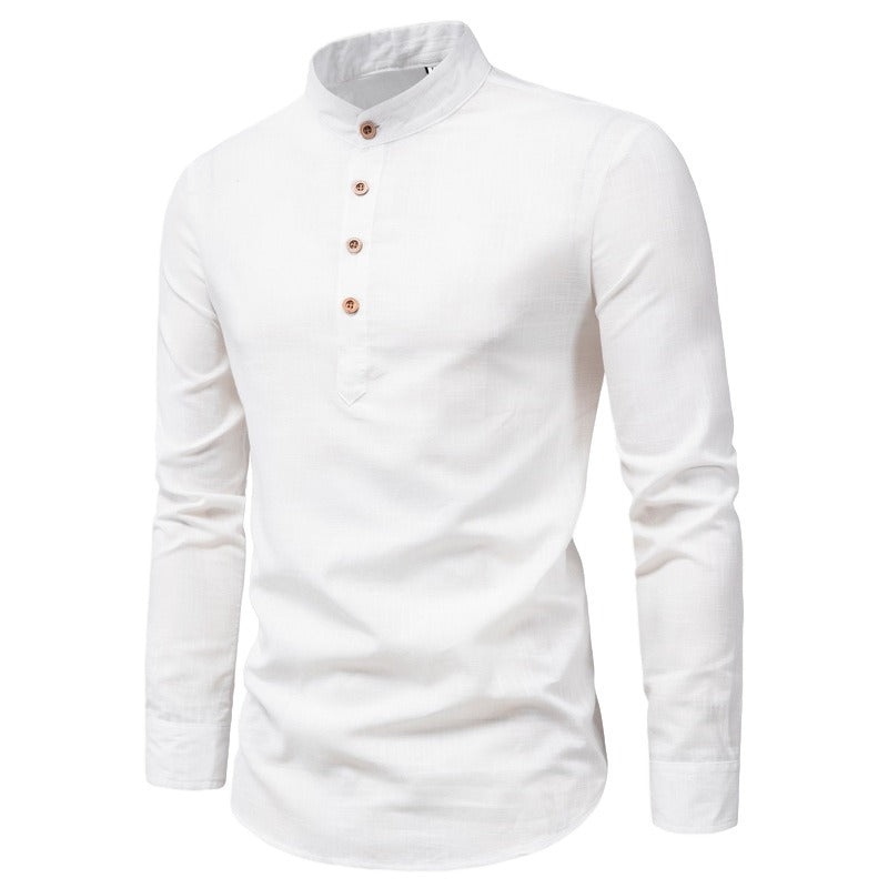 Men's Fashion Slim Solid Color Long Sleeve Business Stand Collar Cotton Linen Half Open Men's Shirt