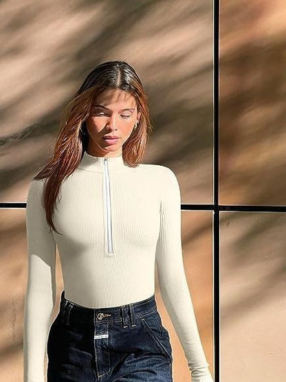 Long Sleeve Bodysuit Sexy Ribbed Bodysuit Front Zip Long Sleeve Top Bodysuit