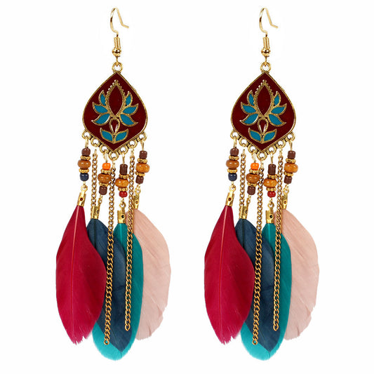 Long Feather Fringe Earrings Exaggerated Indian Drop Earrings