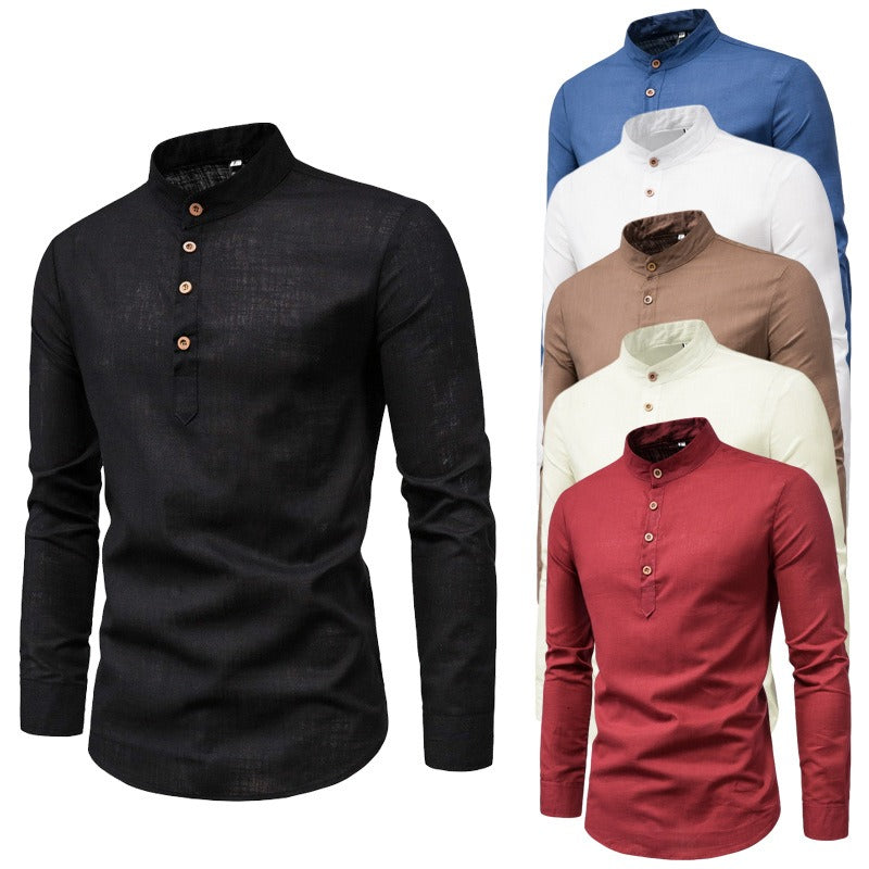 Men's Fashion Slim Solid Color Long Sleeve Business Stand Collar Cotton Linen Half Open Men's Shirt