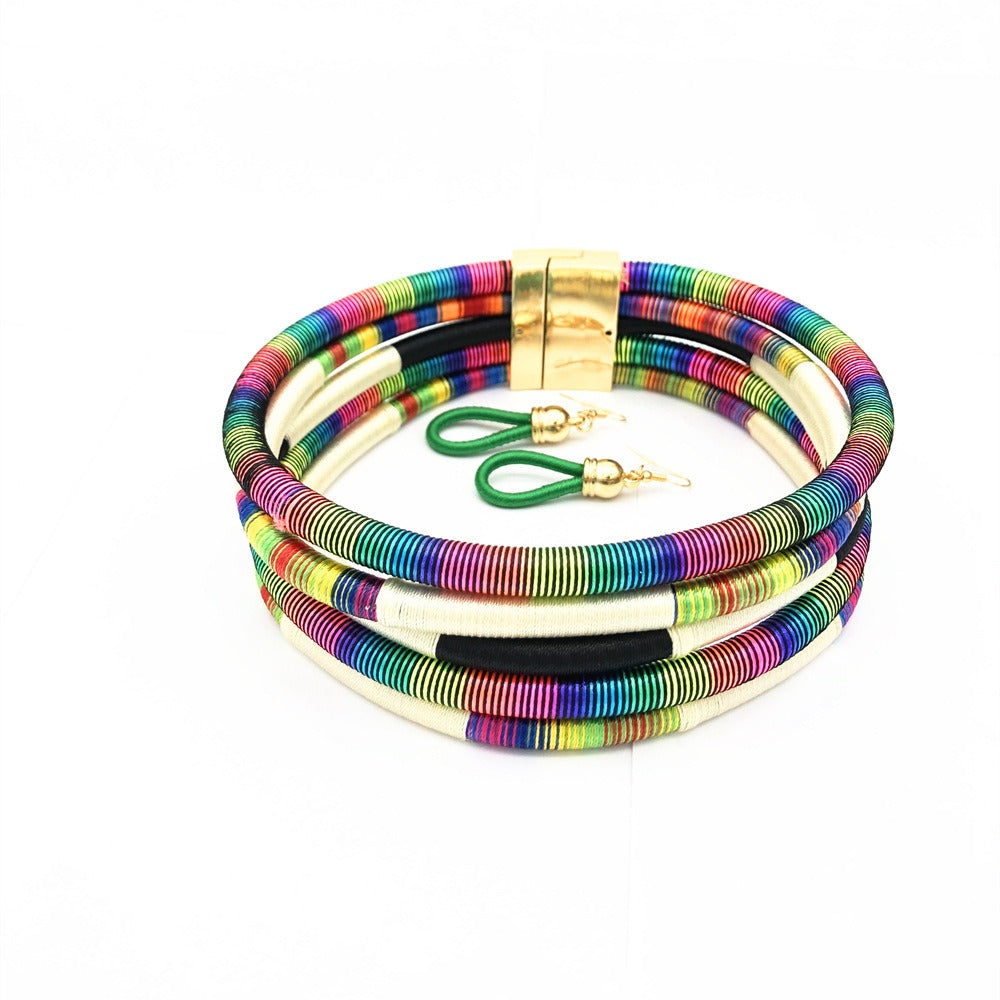 Hand woven collar African style color line magnetic buckle necklace set European and American exaggerated necklace