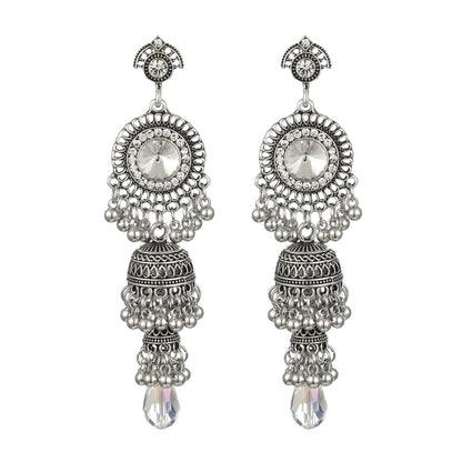 Fashionable and personalized micro diamond earrings Thai retro women's long luxurious imitation large gemstone bell tassel earrings