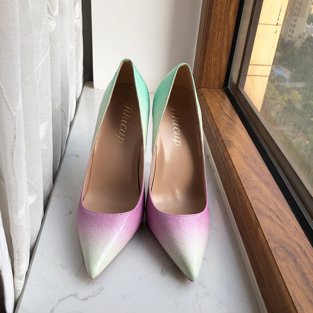 Tikicup Gradient Mint Pink Women Crocodile Effect Pointy Toe High Heel Shoes Sexy Ladies Slip On Stiletto Pumps Size 33 43 44 45