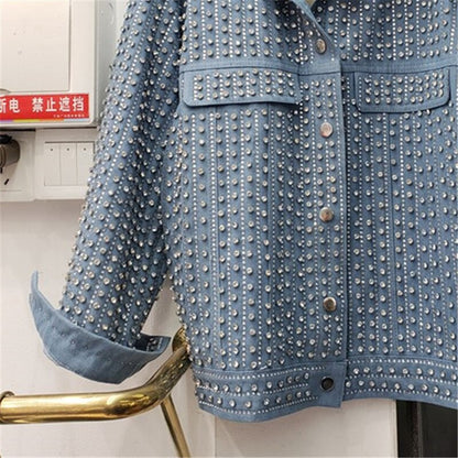 Heavy Work Diamonds Beading Long Sleeve Denim Jacket Women Loose Short Student Cowboy Outerwear Vintage Blue Jeans Jacket Female