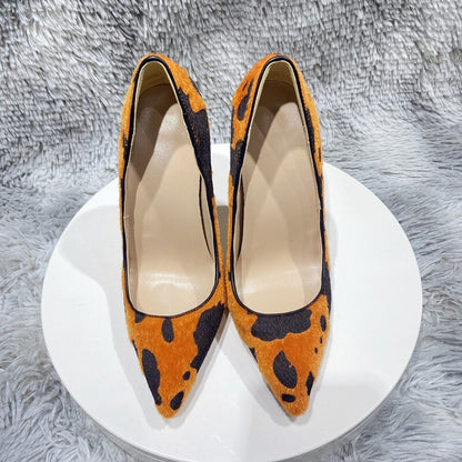 Tikicup Orange Cow Print Hairy Flock Women Pointy Toe High Heel Shoes 8cm 10cm 12cm Slip On Sexy Stiletto Pumps for Party Dress
