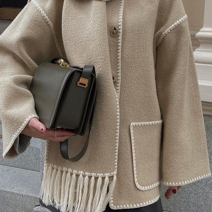 Warm Coats With Scarf Elegant Long Sleeve Pocket Single Breasted Jackets  Autumn Winter Lady Loose Streetwear
