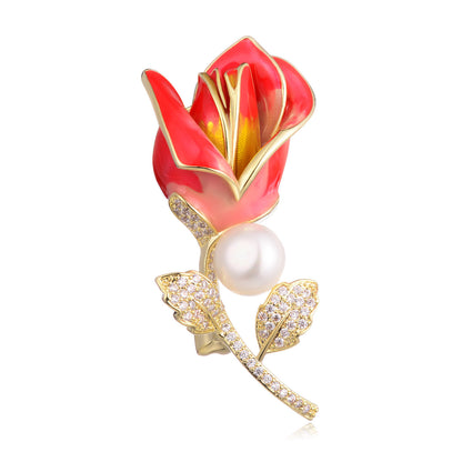 Light Luxury Brooch Exquisite Fashion Rose Flower Dress Pin Diamond Pearl Corsage