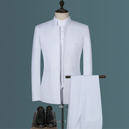 Mens Suits Set (Jacket+Pants+Vest)  Stand Collar Chinese Style Slim Fit Suits  3  Piece Wedding Men Clothing