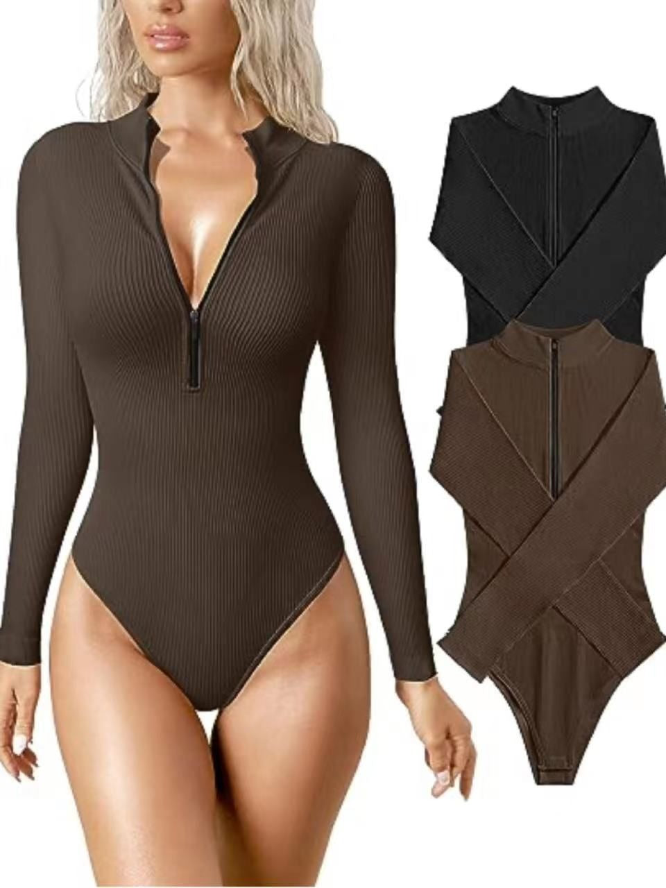 Long Sleeve Bodysuit Sexy Ribbed Bodysuit Front Zip Long Sleeve Top Bodysuit