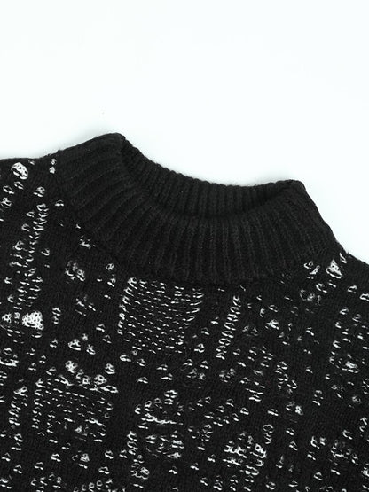 Black Jacquard Big Size Knitting Sweater Round Neck Long Sleeve Women Pullovers New Fashion Autumn Winter