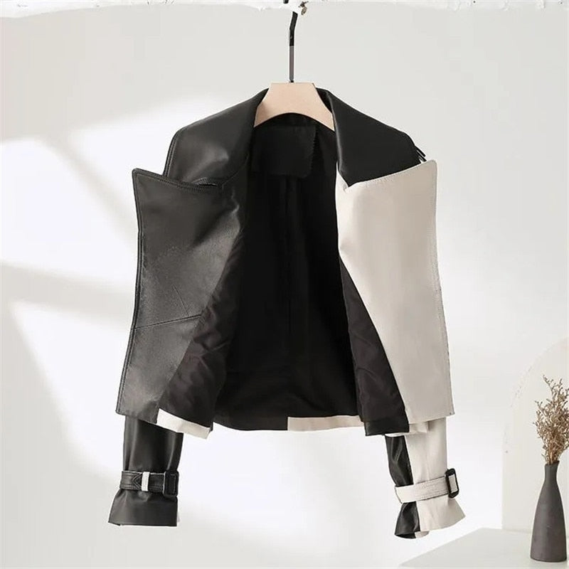High-End Black White Check Splice Leather Jacket Women's Coat Tops