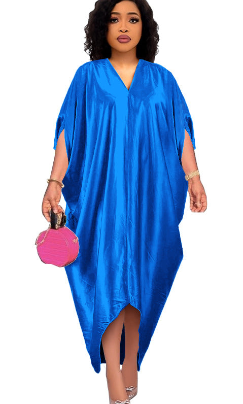 Spring New African Plus Size Muslim Women's Solid Color V-Neck Dress