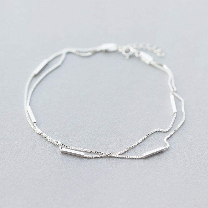 S925 Silver Anklet Women's Fashion Simple Word Round Stick Anklet Sen Series Literary Double-Layer Anklet Jewelry Women