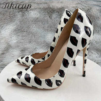 Tikicup Lips Print Women Fashion Designer Slip On Pointy Toe High Heel Shoes for Party Dress White Sexy Stiletto Pumps 8-12cm