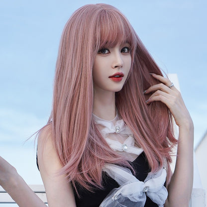 Wig Female Long Hair Full Head Set Type Net Red Long Straight Hair Air Bangs Pink Wig Set Fashion Wig