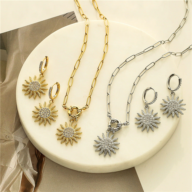 Micro Inlaid Zircon Sun Necklace Earring Set Jewelry Sunflower