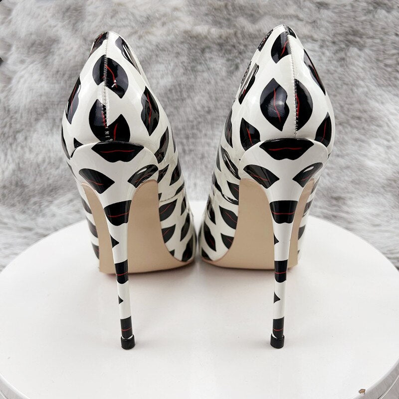 Tikicup Lips Print Women Fashion Designer Slip On Pointy Toe High Heel Shoes for Party Dress White Sexy Stiletto Pumps 8-12cm