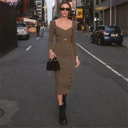 Runway Designers Dress Women 2023 Vintage Army Green Long Sleeve Knitted Sweater Dresses Korean Fashion Fall Outfits